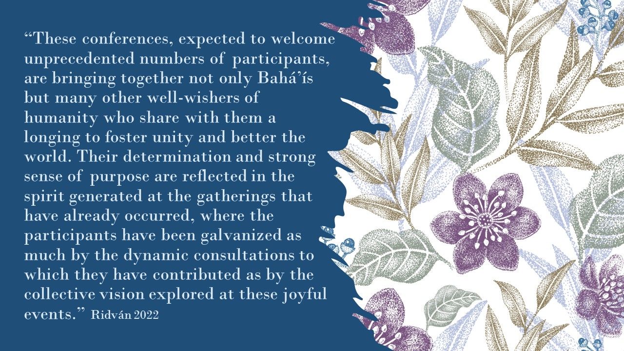 Image from one of the RBC newsletters with a quote from The House of Justice describing and calling for the conferences in their message of Ridván 2022.