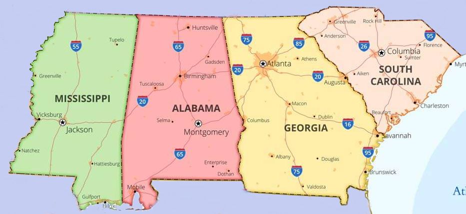 Map of the four states making up the Southeast region: Mississippi, Alabama, Georgia and South Carolina.